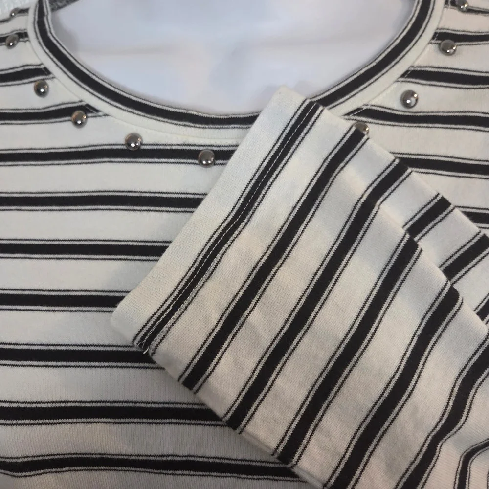 Kate Spade New York S Striped Studded Fringe Hem Top Black White Designer Basic